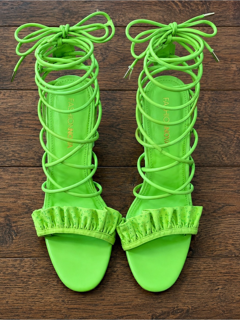 Fashion Nova Neon Green Ruffle Lace-Up Heels. No box. NEW